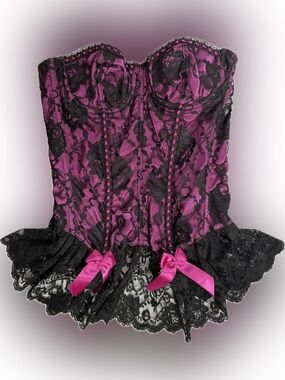 Vintage Pink and Black Lace Bustier Corset - Women Intimates